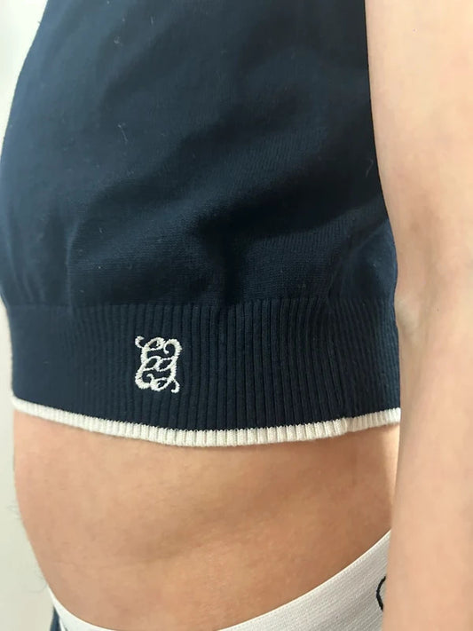 Korean Navy Contrast Trim Cropped Knit Top | Preppy Baby Tee XS–S