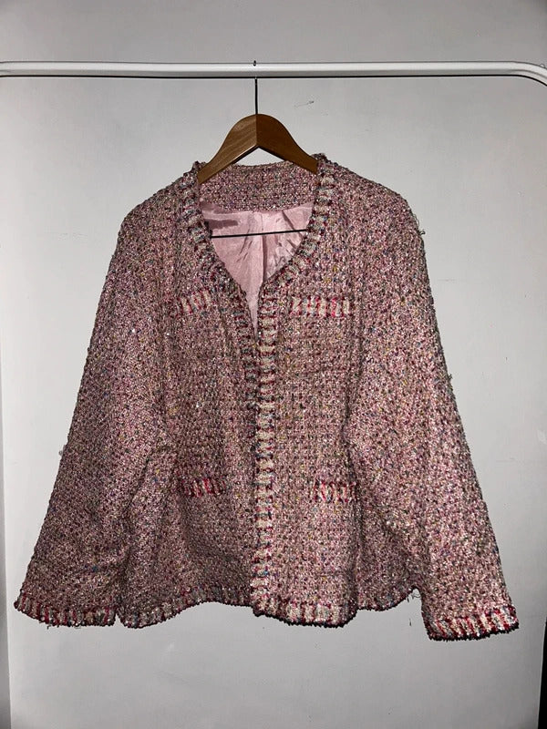 Korean Pink Sequin Tweed Jacket Plus Size UK 22+