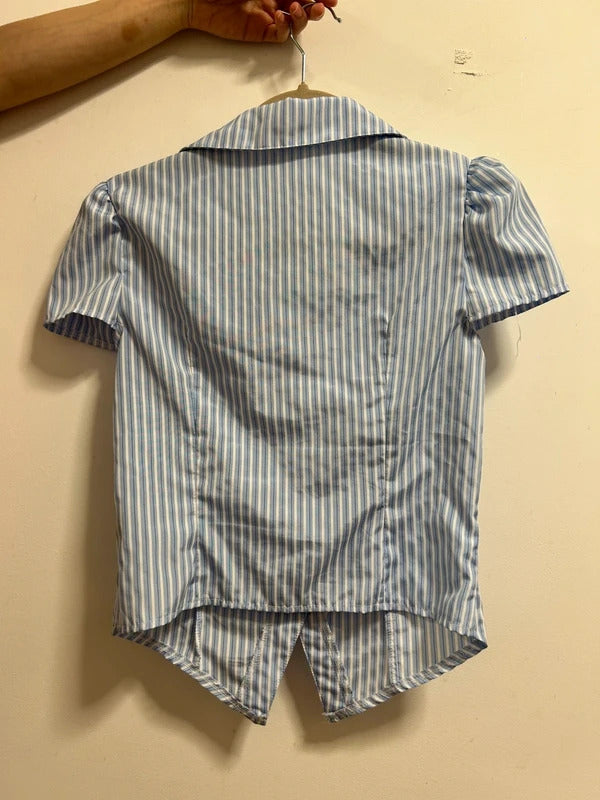 SHEIN Blue & White Striped Cropped Ruched Puff Sleeve Shirt Size S / UK 8