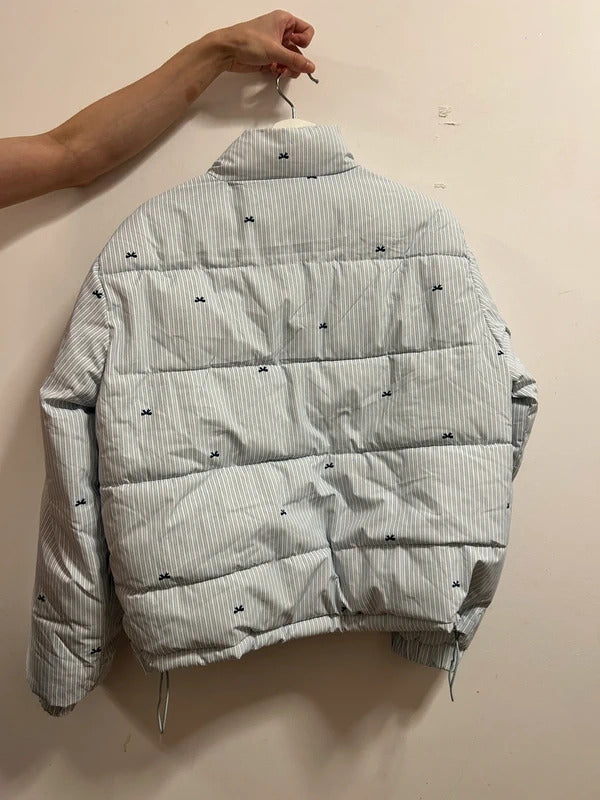 Blue Striped Cropped Puffer Jacket Small Embroidered Bow Detail