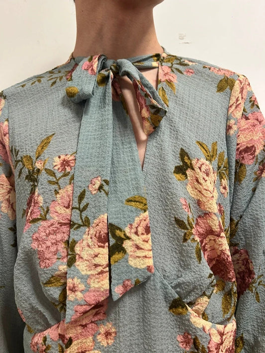 korean boutique blue floral tie neck blouse uk 16-18