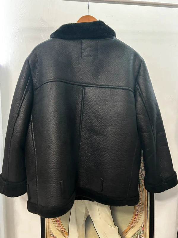 Zara Black Faux-Shearling Aviator Biker Jacket XXL