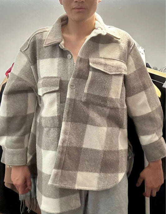 H&M Oversized Taupe & Cream Blanket-Check Overshirt Jacket