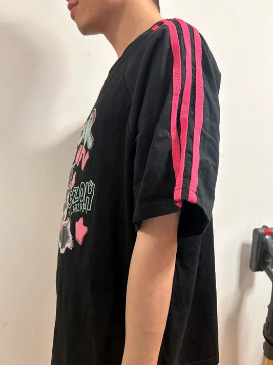 korean black cat graphic t shirt m l pink stripe y2k kawaii tee