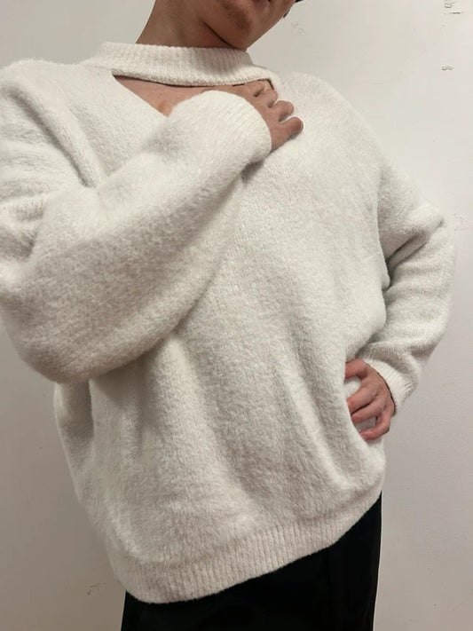 Urban Revivo White Fluffy Cut-Out Knit Jumper M UK 10 Soft Balletcore Sweater