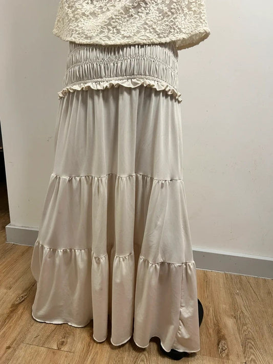 Cream Tiered Maxi Skirt with Shirred Waist & Ruffle Detail