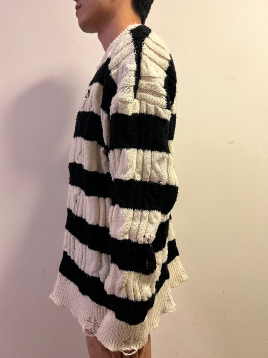 Oversized Distressed Cable Knit Striped Jumper Black White Grunge JapaneseStyle