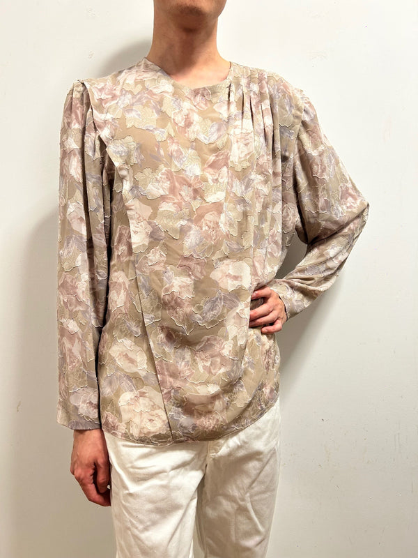 French Vintage Floral Blouse UK 16 Romantic Textured Long Sleeve Neutral Beige