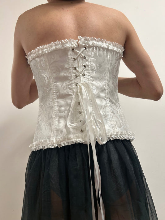 Ivory Satin Jacquard Lace-Up Corset Bustier | XXL Victorian Coquette Bridal Top