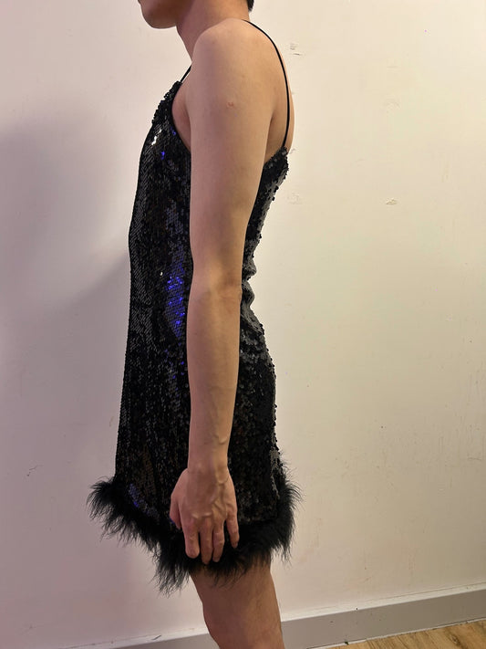 Italian Black Sequin Feather Hem Slip Dress | Size M Evening Glamour Mini Dress