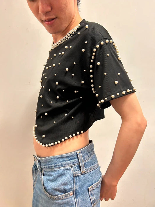 Black Pearl Embellished Cropped Top UK 16 / Oversized Editorial Fit