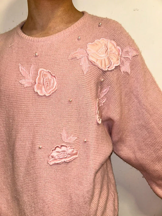 Bramble Lane Pink Floral Pearl Knit Jumper L Cottagecore Vintage Sweater