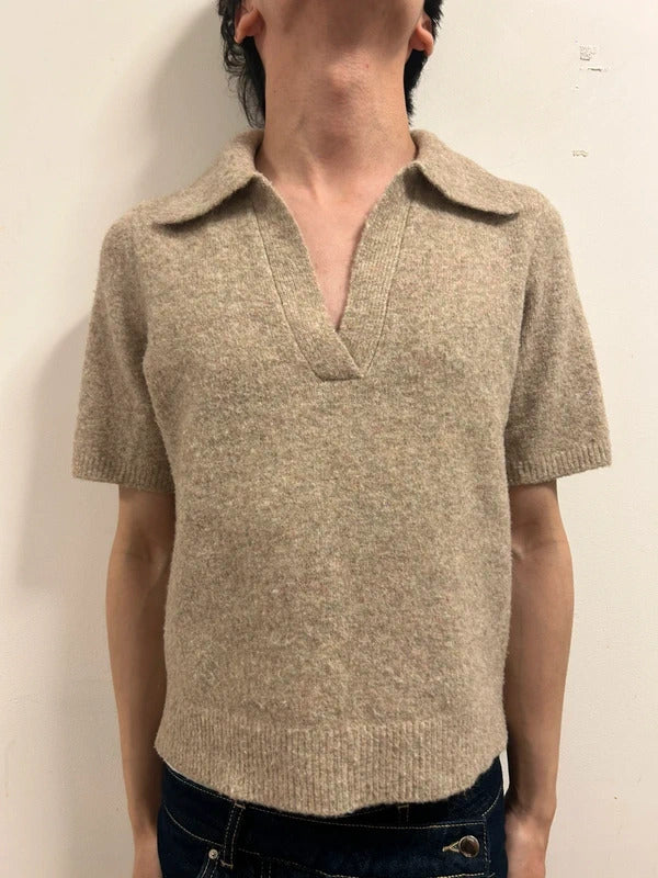 old money Gloria Jeans Beige Wool Blend short sleeve Knit polo top Size M