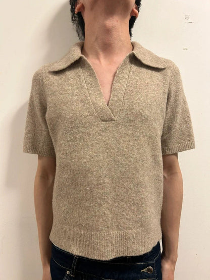 old money Gloria Jeans Beige Wool Blend short sleeve Knit polo top Size M