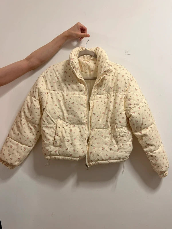 Cream Floral Cropped Puffer Jacket Women’s Small
