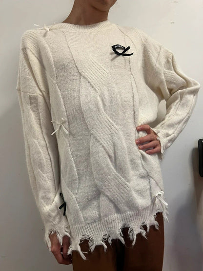 Cream Distressed Oversized Bow Knit Jumper | Coquette Grunge 2XL