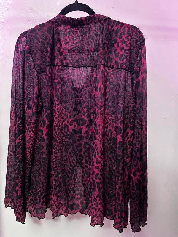 NEXT Sheer Burgundy Leopard Print Plissé Blouse Y2K Hook and Eye Top Size L