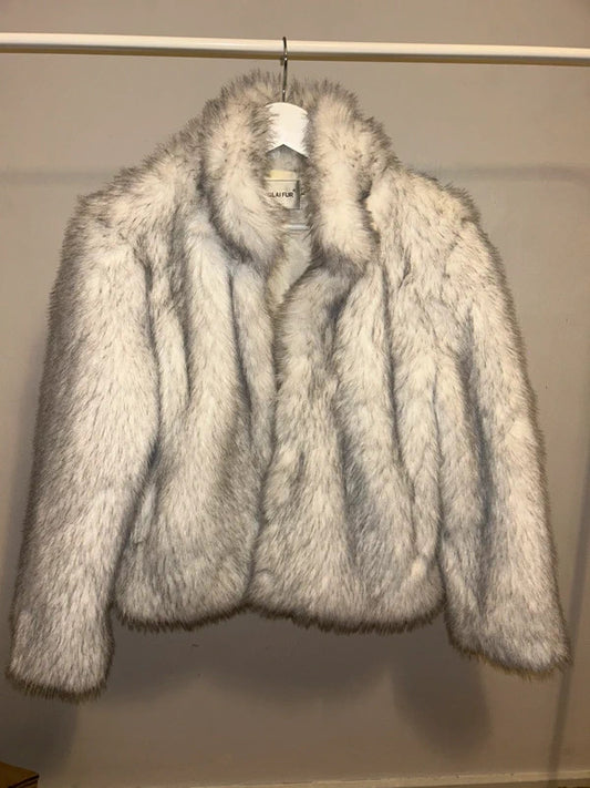 Molai fur Grey and white fluffy cropped jacket 16-18