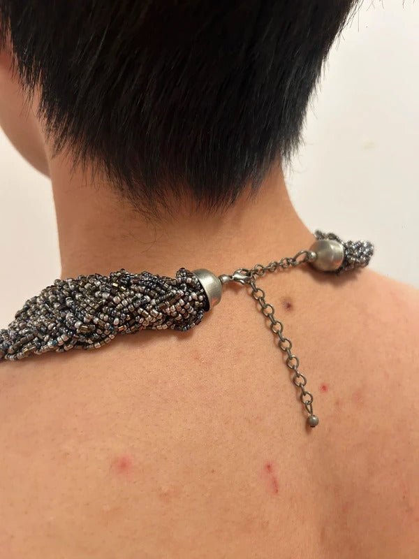 dark silver beaded statement collar necklace