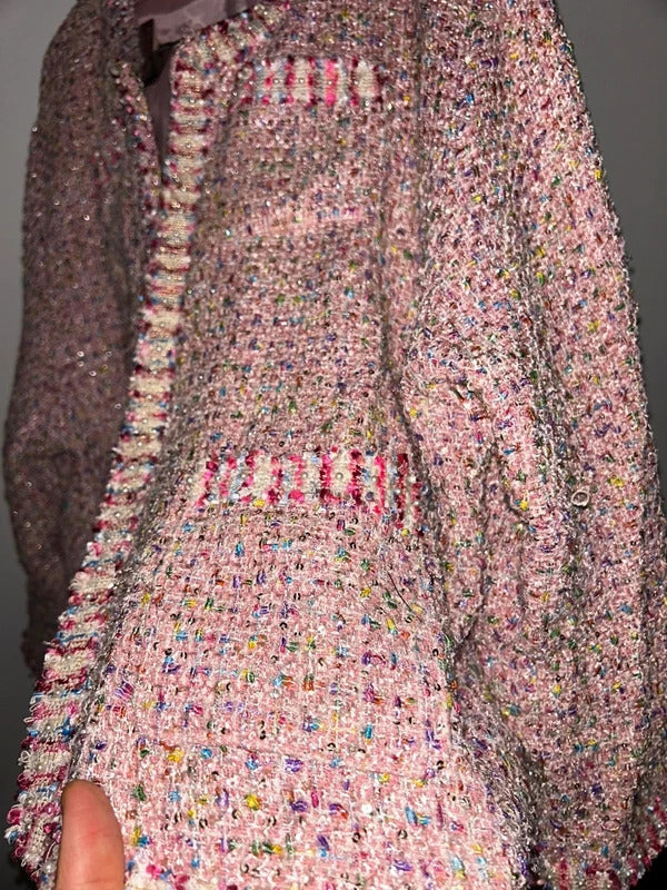 Korean  Pink Sequin Tweed Jacket Plus Size UK 22+