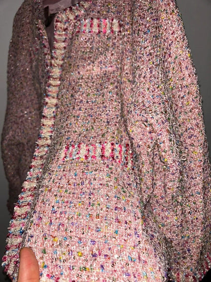 Korean  Pink Sequin Tweed Jacket Plus Size UK 22+