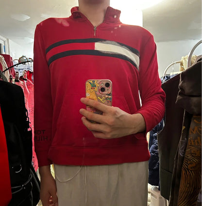 Vintage Style Tommy Hilfiger Red 90s Quarter Zip Sweatshirt XL