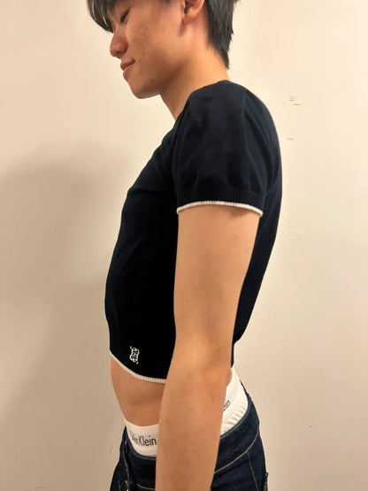 Korean Navy Contrast Trim Cropped Knit Top | Preppy Baby Tee XS–S