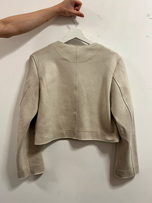 H&M Beige Faux Suede Cropped Jacket XS Gold Button Minimal Jacket
