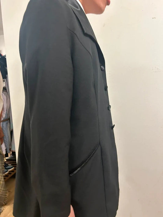 Vintage C&A Black Tailored Coat UK 20 EU 48 satin Collar Minimalist 90s Style
