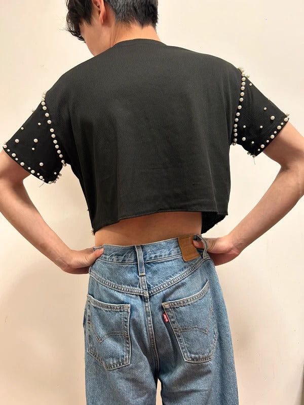 Black Pearl Embellished Cropped Top UK 16 / Oversized Editorial Fit