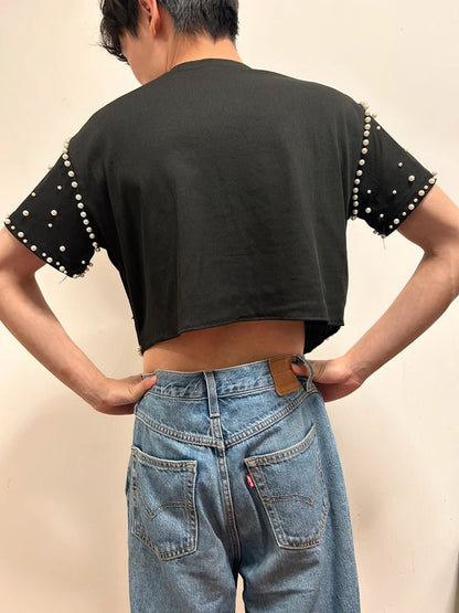 Black Pearl Embellished Cropped Top UK 16 / Oversized Editorial Fit