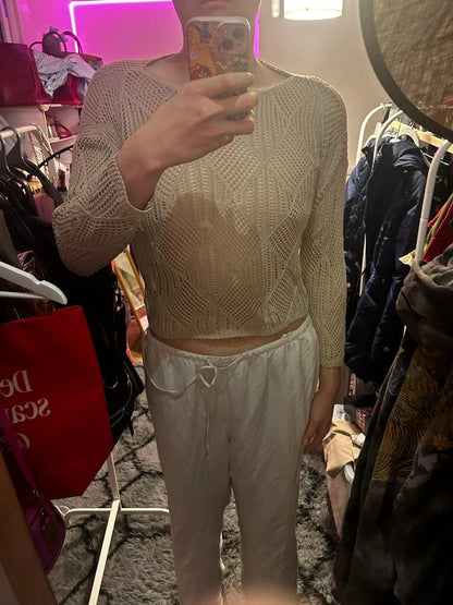 Vintage Beige Crochet Open Knit Jumper UK 16 18 Sheer Boho Beach Crop Knit Top