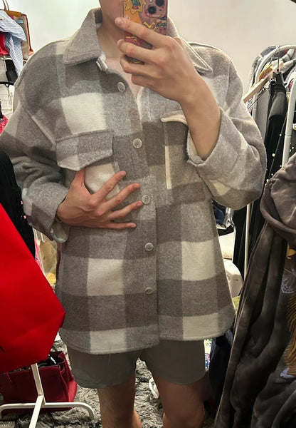 H&M Oversized Taupe & Cream Blanket-Check Overshirt Jacket