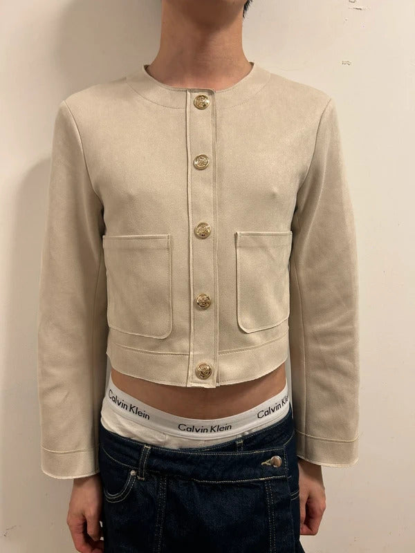 H&M Beige Faux Suede Cropped Jacket XS Gold Button Minimal Jacket