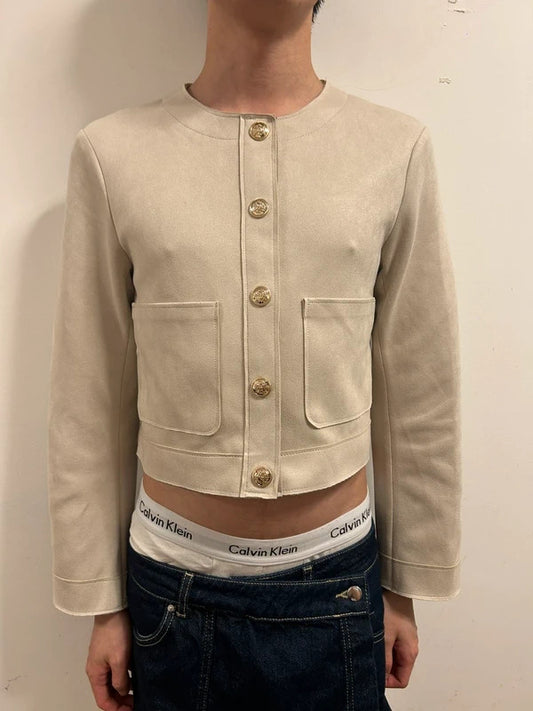 H&M Beige Faux Suede Cropped Jacket XS Gold Button Minimal Jacket