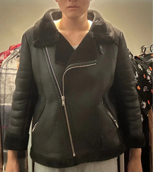 Zara Black Faux-Shearling Aviator Biker Jacket XXL
