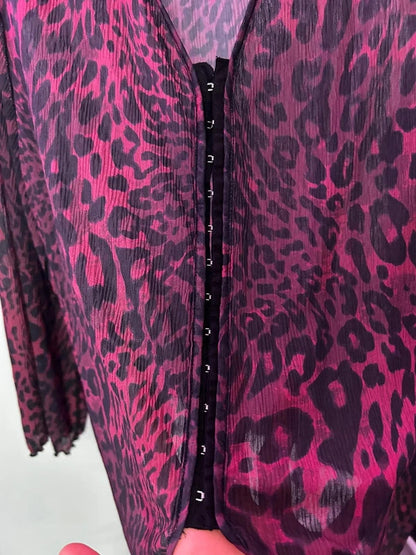NEXT Sheer Burgundy Leopard Print Plissé Blouse Y2K Hook and Eye Top Size L