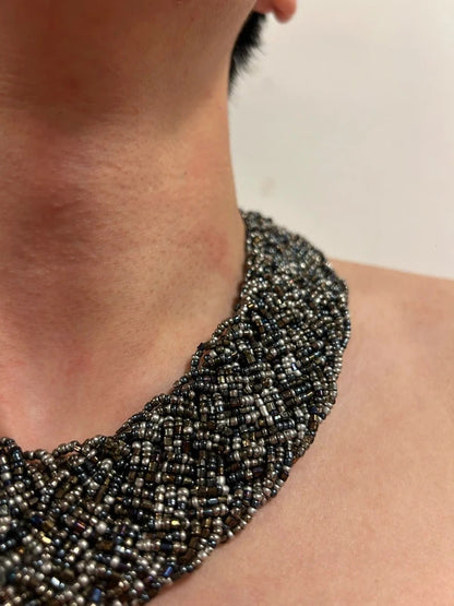 dark silver beaded statement collar necklace