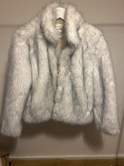 Molai fur Grey and white fluffy cropped jacket 16-18