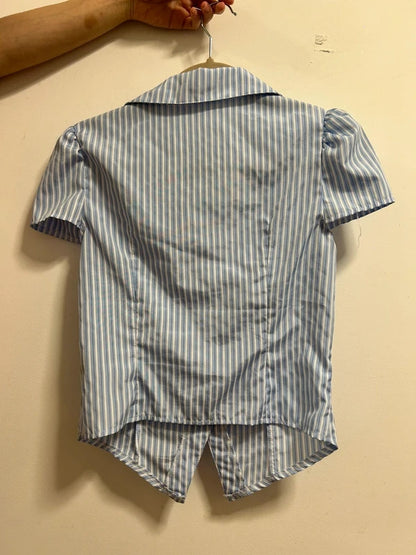 SHEIN Blue & White Striped Cropped Ruched Puff Sleeve Shirt Size S / UK 8