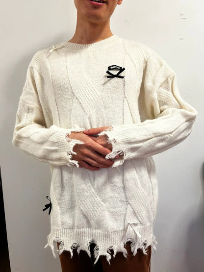 Cream Distressed Oversized Bow Knit Jumper | Coquette Grunge 2XL