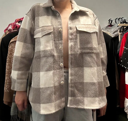 H&M Oversized Taupe & Cream Blanket-Check Overshirt Jacket