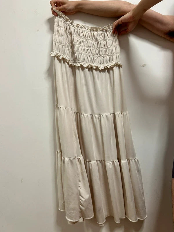 Cream Tiered Maxi Skirt with Shirred Waist & Ruffle Detail