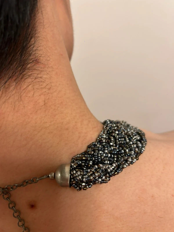 dark silver beaded statement collar necklace