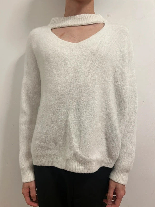 Urban Revivo White Fluffy Cut-Out Knit Jumper M UK 10 Soft Balletcore Sweater