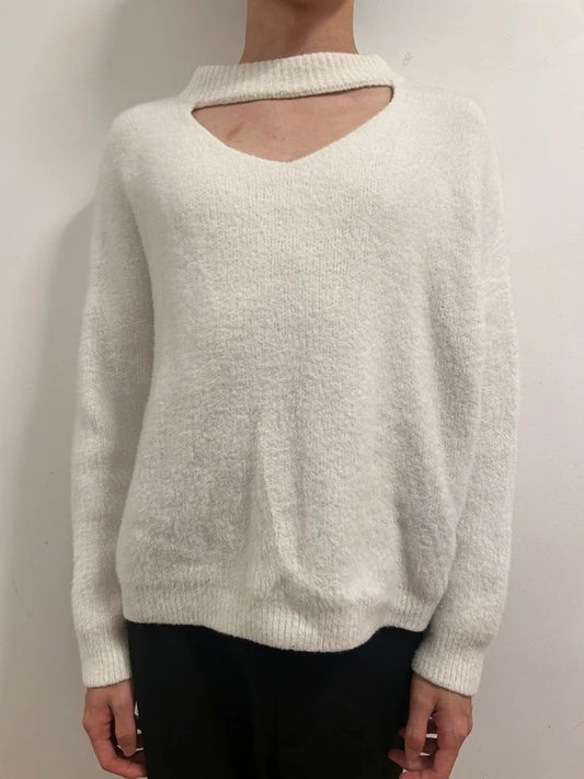Urban Revivo White Fluffy Cut-Out Knit Jumper M UK 10 Soft Balletcore Sweater