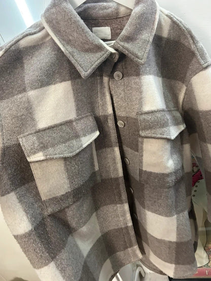 H&M Oversized Taupe & Cream Blanket-Check Overshirt Jacket