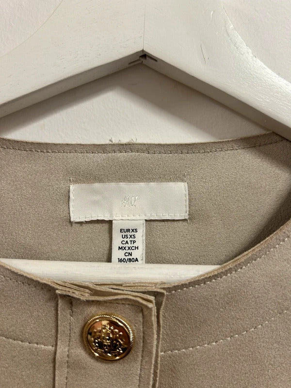 H&M Beige Faux Suede Cropped Jacket XS Gold Button Minimal Jacket