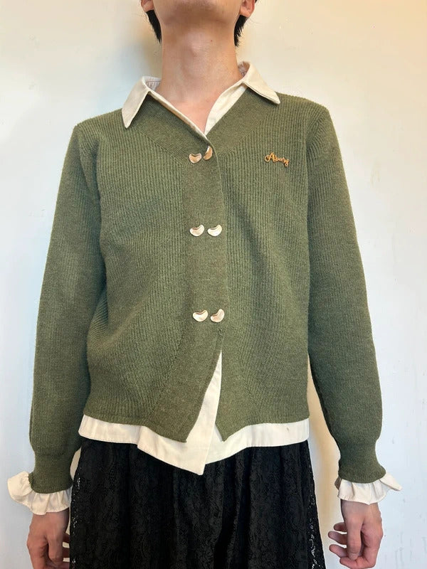 Korean Boutique Olive Green LayerKnit Cardigan Unisex L Preppy Soft Girl Style