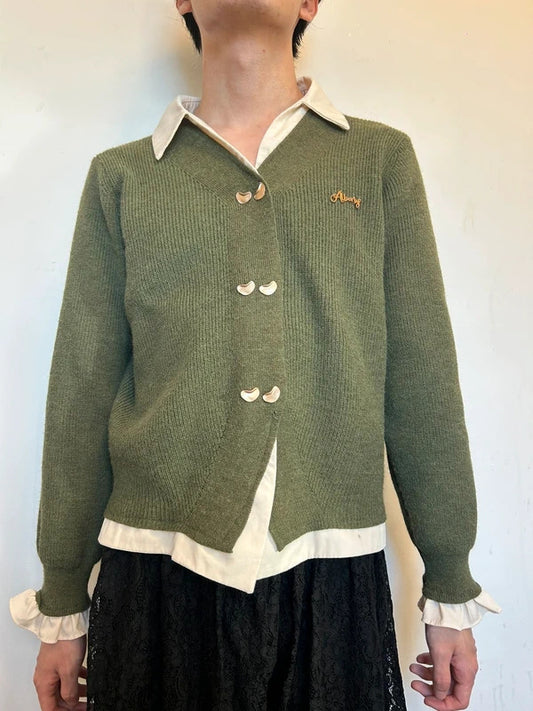 Korean Boutique Olive Green LayerKnit Cardigan Unisex L Preppy Soft Girl Style